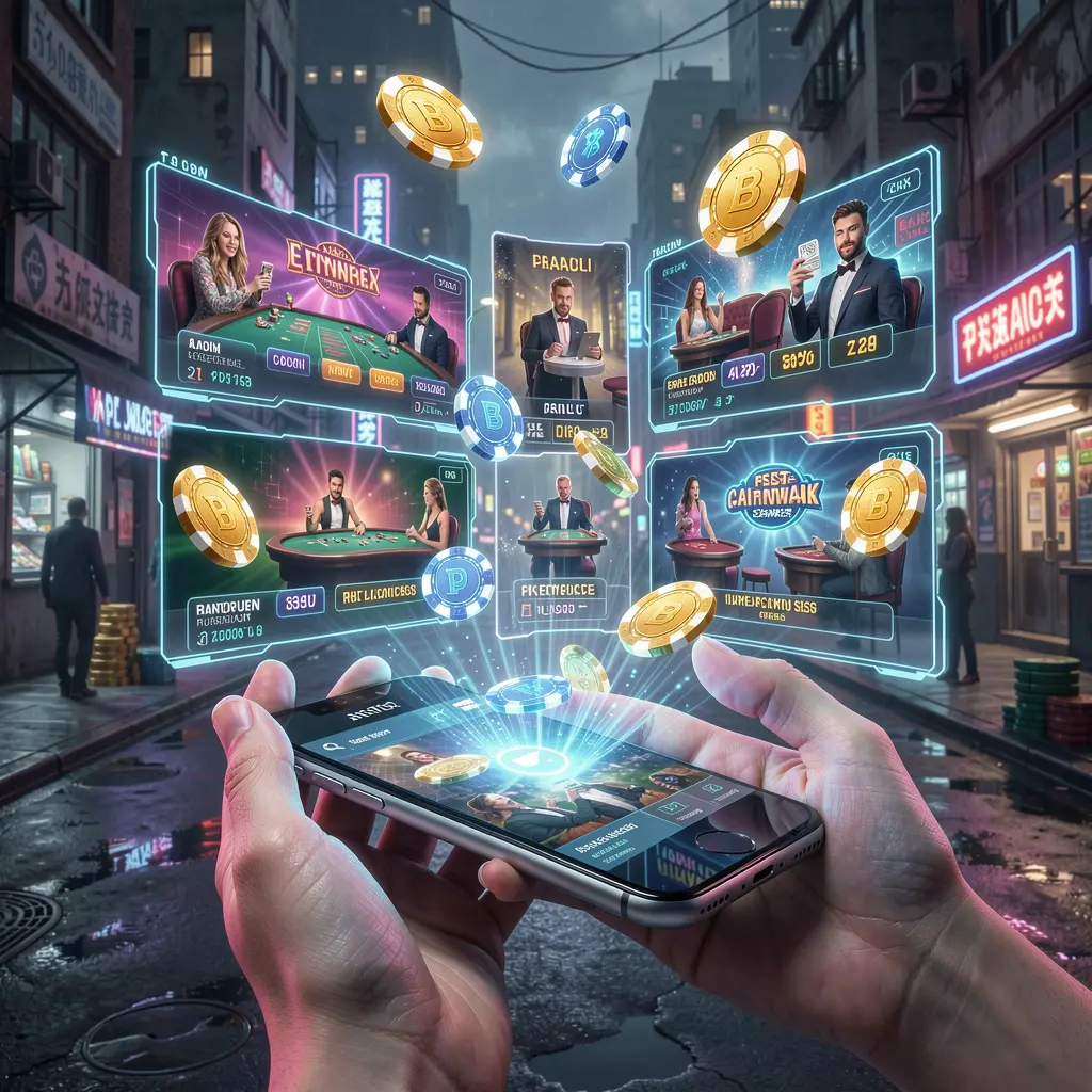 Futuristic casino scene with glowing chips and holographic slot symbols emerging from a smartphone showcasing the 6NNN mobile app