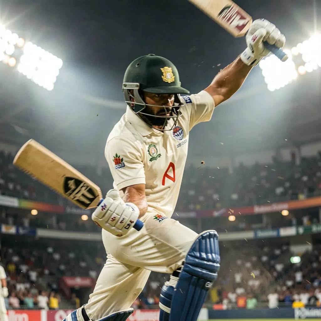 Intense close up of a cricket player in action during a high stakes match with blurred motion and dramatic lighting representing live sports betting on 6NNN in Bangladesh