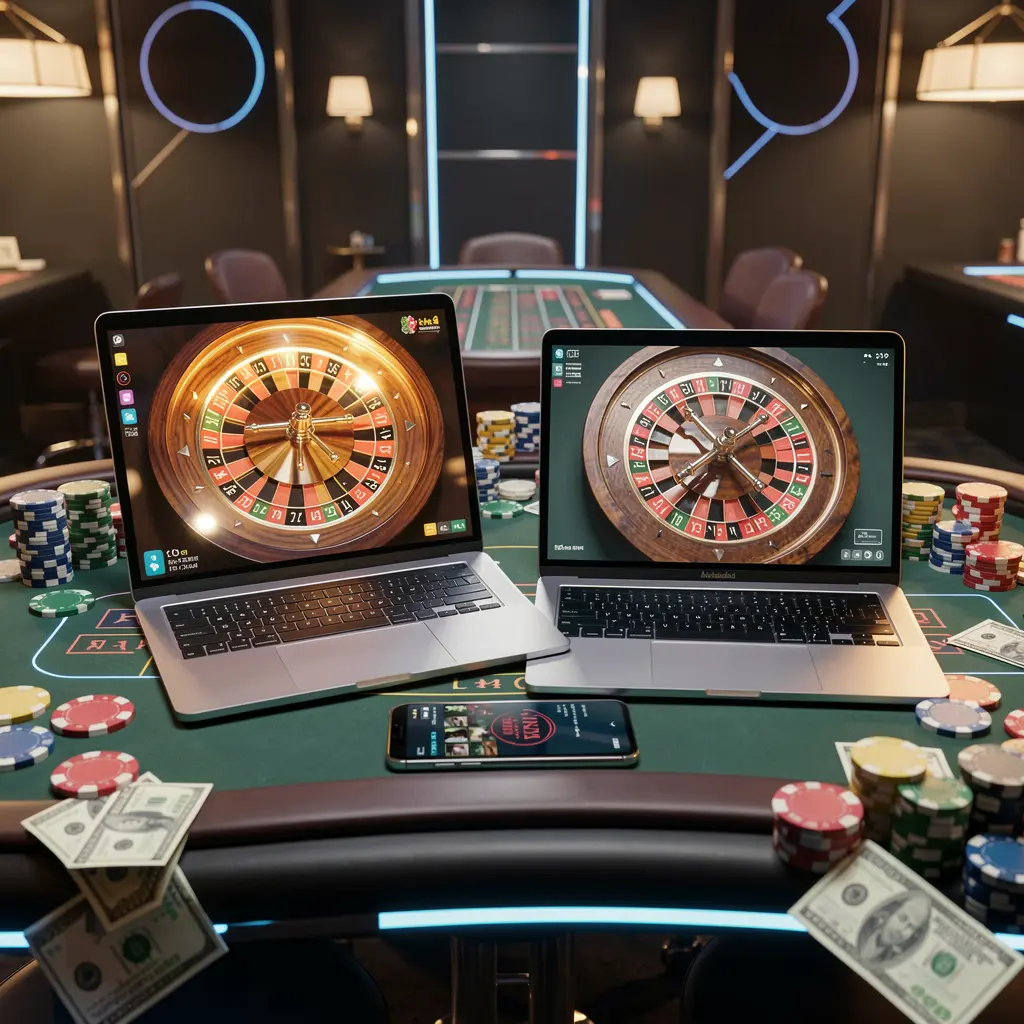 Modern online casino setup with a smartphone and laptop displaying a glowing roulette wheel surrounded by scattered chips and cash representing immersive gameplay on 6NNN in Bangladesh