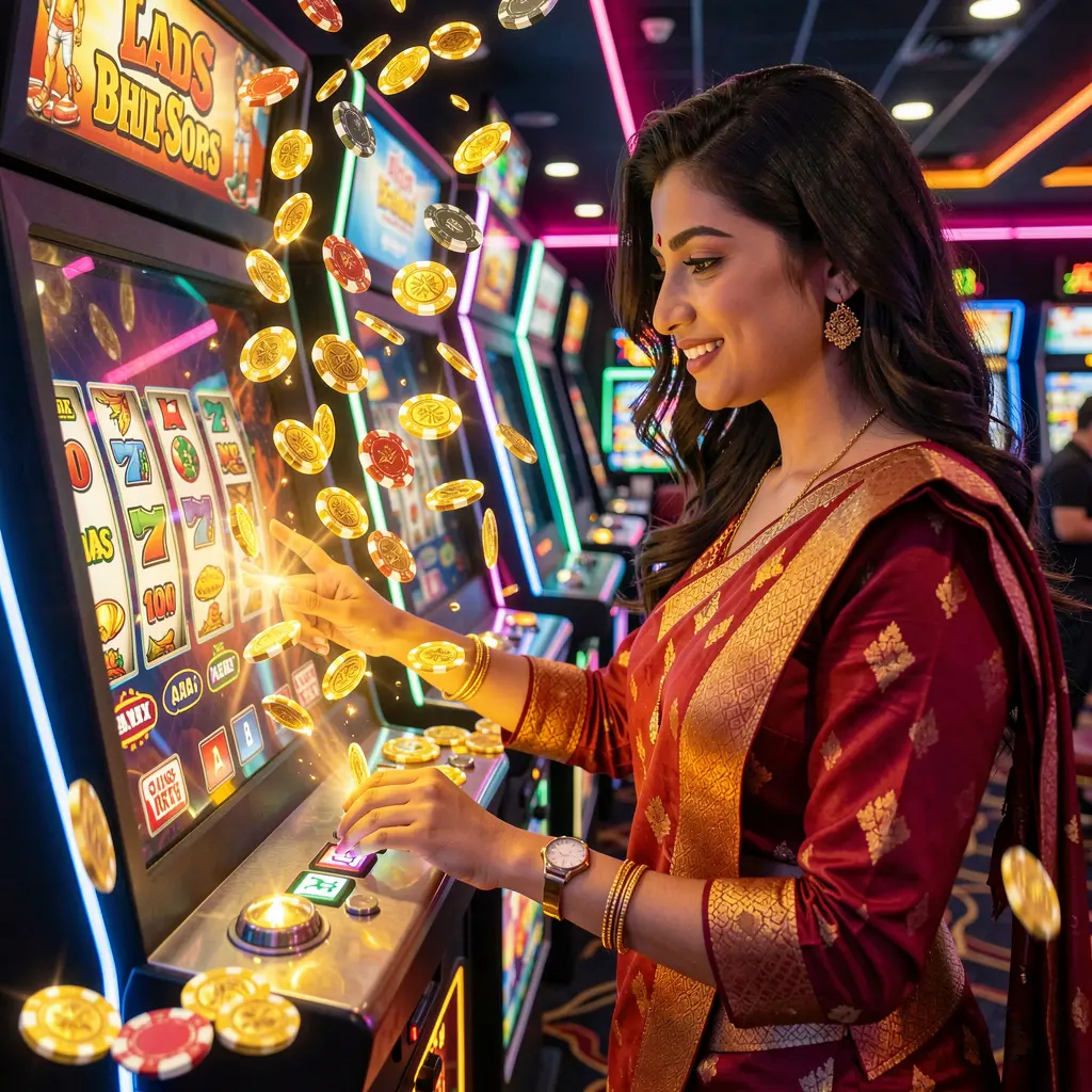 A glamorous player surrounded by flying gold coins while playing slot machines at 6NNN online casino reflecting the excitement and rewards of casino games in Bangladesh